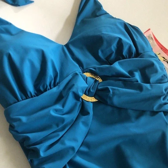 Spanx Halter Swimsuit One Piece Bayside Blue Shaping Slimming Belted Beauty - Picture 9 of 16